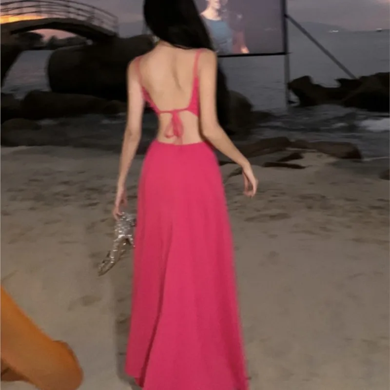 

Vacation Seaside Atmosphere Beach Dress Hot Girl Backless Slit Beautiful Strap for Women Summer