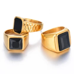 Square Simple Black Cubic Zirconia Women's Ring Charm Punk Gold Color Stainless Steel Jewelry for Men Unisex