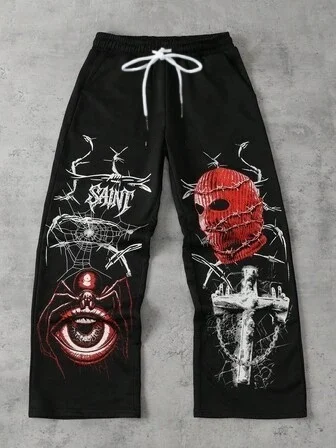 2026 New Model Men Gothic Vertical Graphic Wide Leg Sweatpants Drawstring Loose Straight Baggy Y2K Dark Punk Streetwear Pants.