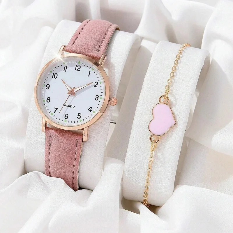Korean Style Digital Luminous Female Quartz Watch Set Women Versatile Fashionable Leather Strap Girl Student Wristwatch
