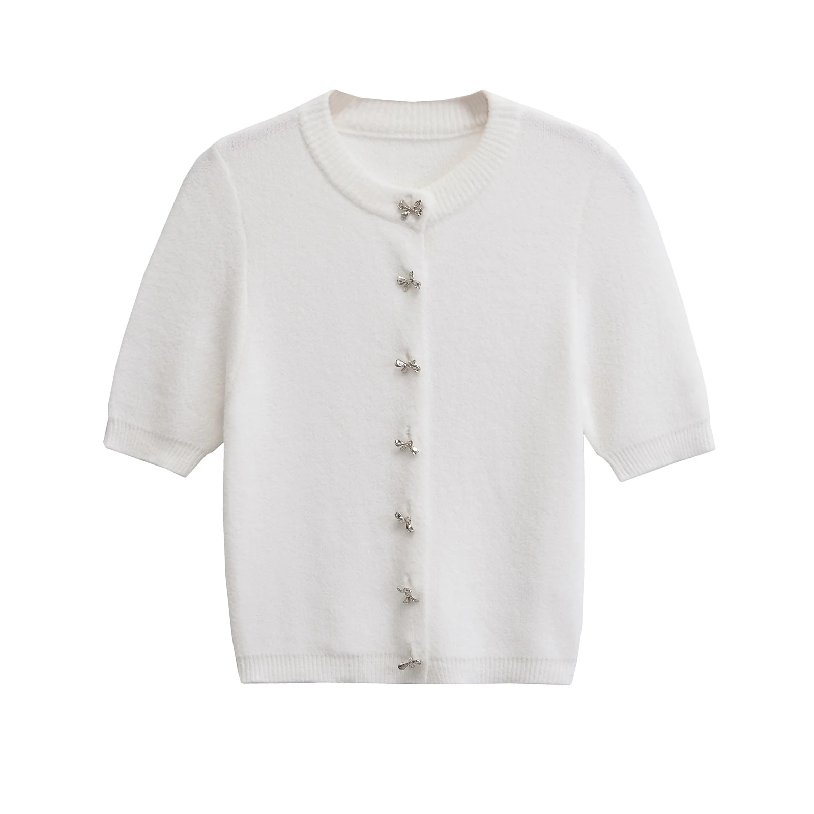 Autumn New Women Versatile Round Neck Short Sleeve Bow Metal Buckle Knitted Cardigan Coat 9598/201