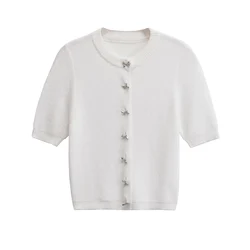 Autumn New Women Versatile Round Neck Short Sleeve Bow Metal Buckle Knitted Cardigan Coat 9598/201