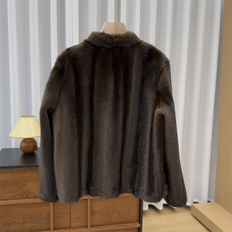 Autumn Winter Faux Mink Fur Coat American Casual Fashion Vintage Solid Color Simple Versatile Women Warm V-neck Thicken Jacket