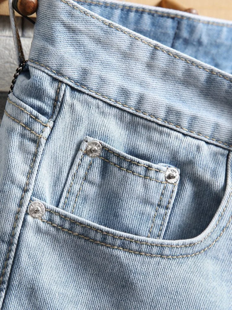Light Blue Jeans Men Denim Shorts Summer Streetwear Lightweight Slim Fit Knee Length Pants