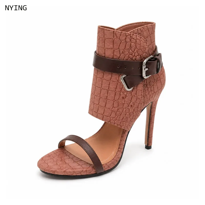 

Women Open Ankle Cuff Metal Buckle Single Strap Open Toe Stiletto Heel Sandals, Western Ankle Wrap High Heels