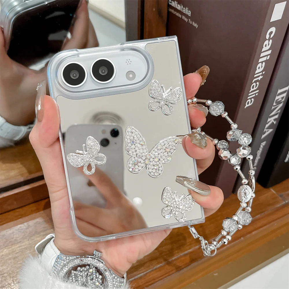 3D Bling Rhinestone Butterfly Mirror Phone Case For iPhone Duo Makeup Mirror Hard Shell With Crystal Bead Shockproof Cover