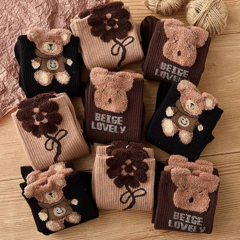 Meias de urso de pelúcia femininas, meias Kawaii fofas, meias lindas estilo coreano para meninas, outono e inverno, 1 par