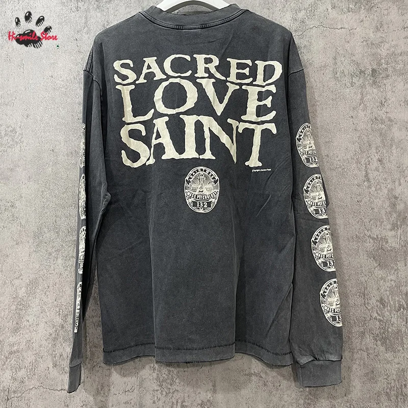 جديد غسلها سانت كم طويل تي شيرت الرجال امرأة المتضخم زوجين عادية الربيع الصيف التالفة الجولة الرقبة بلايز المحملة الموضة