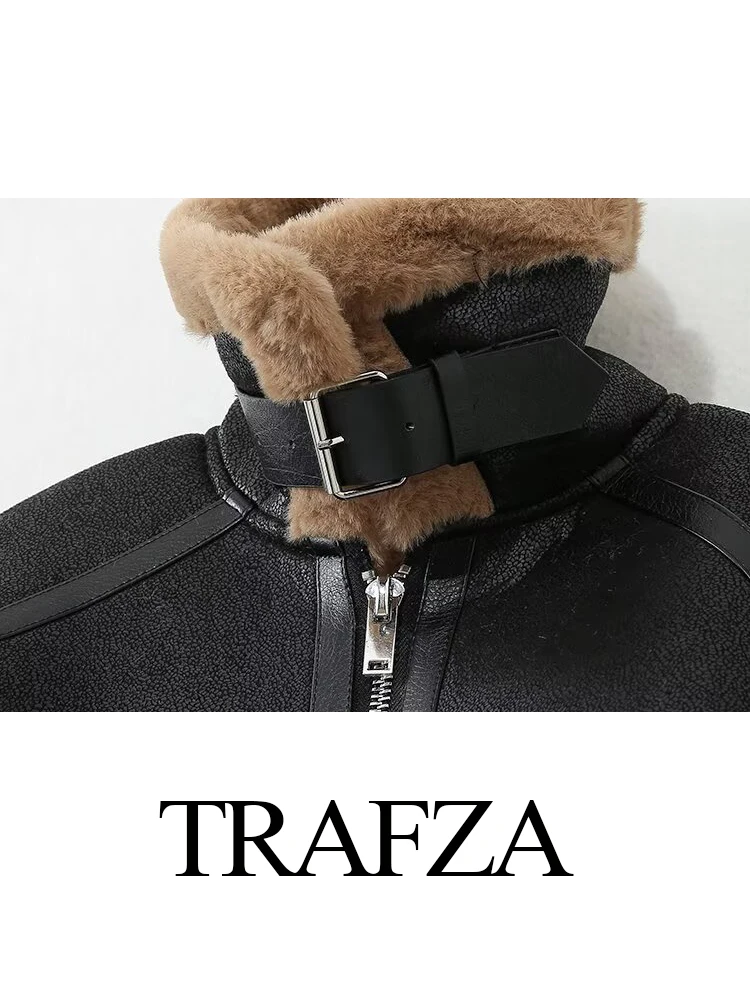 TRAFZA-Manteau en Cuir Court et Réversible pour Femme, Veste Chaude Polyvalente à Manches sulfavec Poches et Fermeture Éclair, Collection Hiver