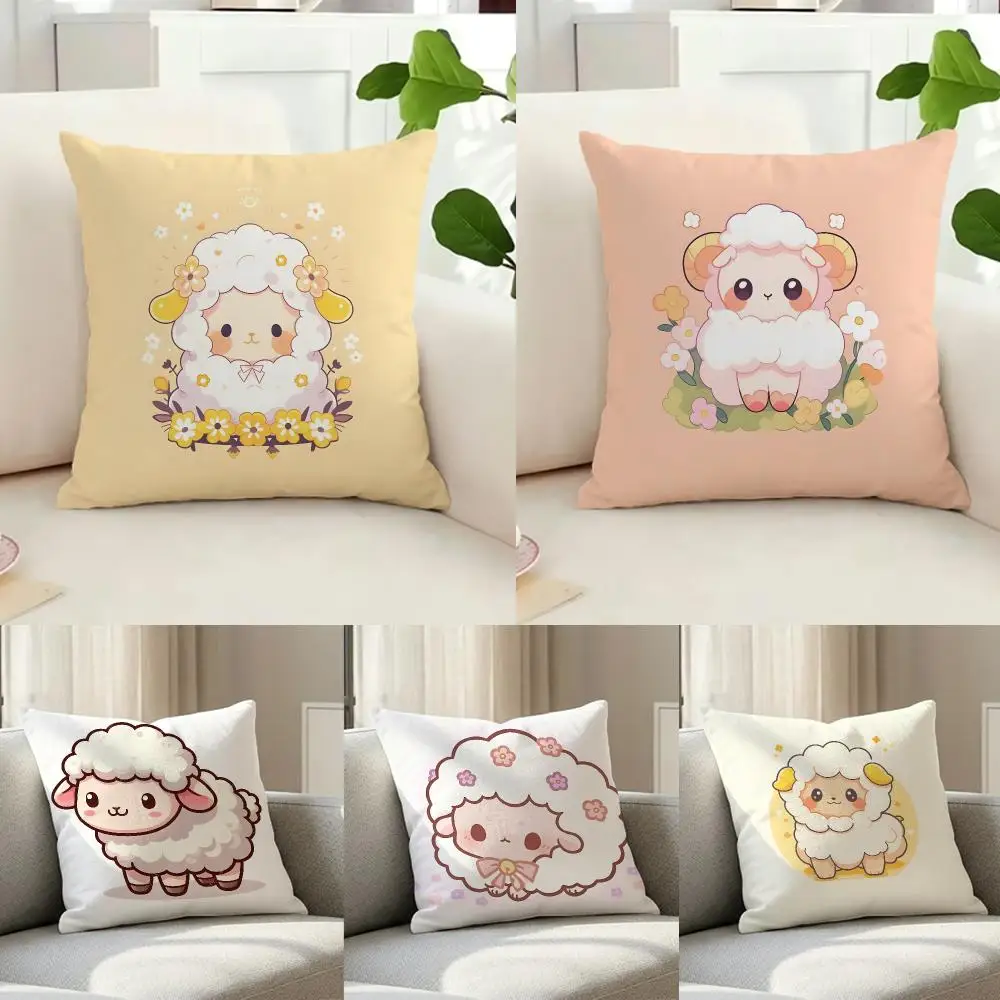 animal illustration L-Lamb Cushion Cover Washable Faux Linen Cover Modern Lightweight for Living Room Sofa