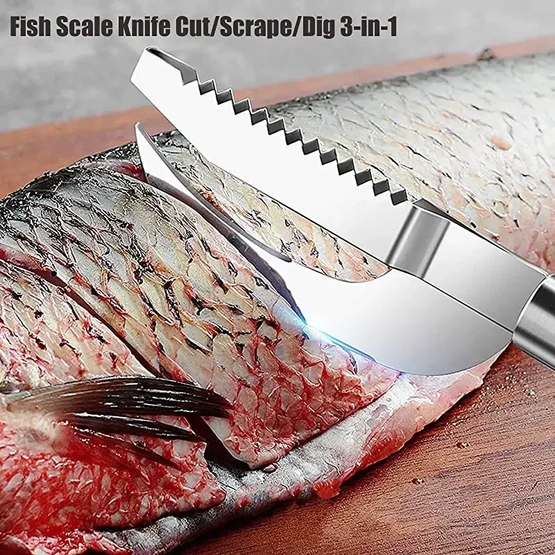 Stainless Steel 3 In 1 Fish Scale Knife Cut/Scrape/Dig Maw Knife Scale Scraper Sawtooth Peelers Scraping Boning Filleting