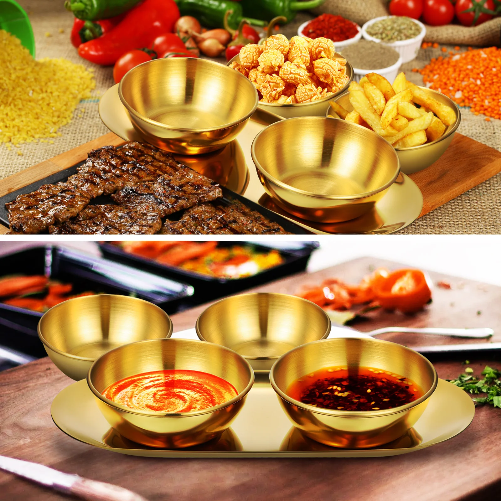 

6 pcs Stainless Steel Dipping Bowls Set With 2 Oval Serving Platters For Kitchen Dining Table Sushi Buffet Bbq Party Platters