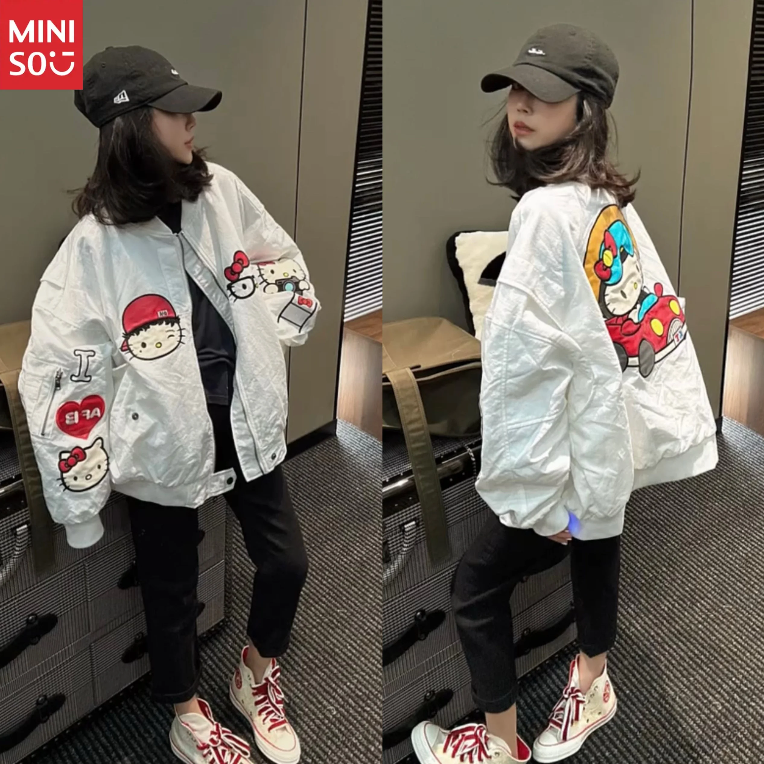 

Бейсбольная куртка Miniso Kitty Cat с вышивкой, женская весенне-осенняя свободная универсальная куртка одного цвета, топ