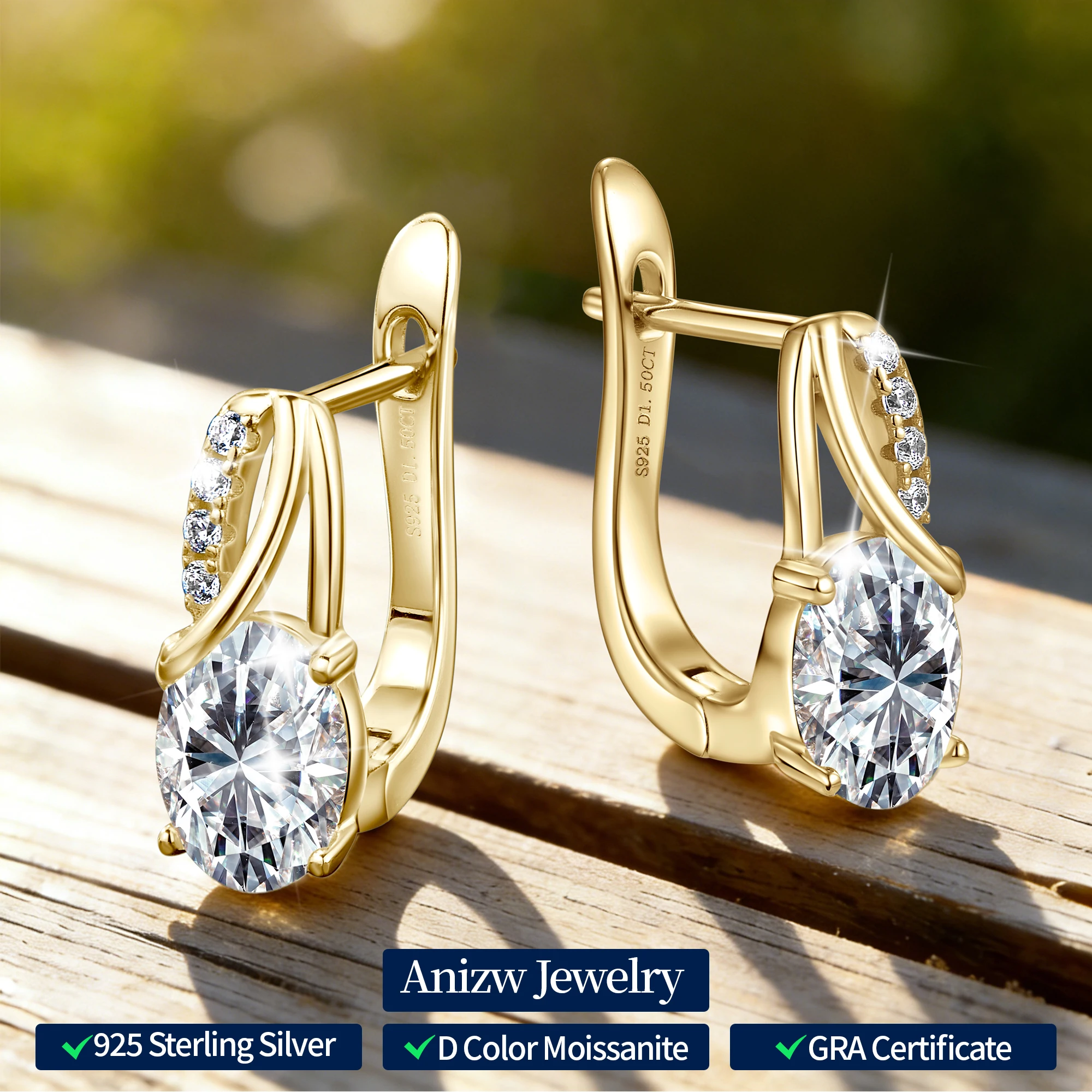 

Anziw 925 Silver OIva Cut 1.5CT Moissanite Drop Hoop Earrings for Women U Shaped Huggie Clip Earrings Wedding Engagement Jewelry