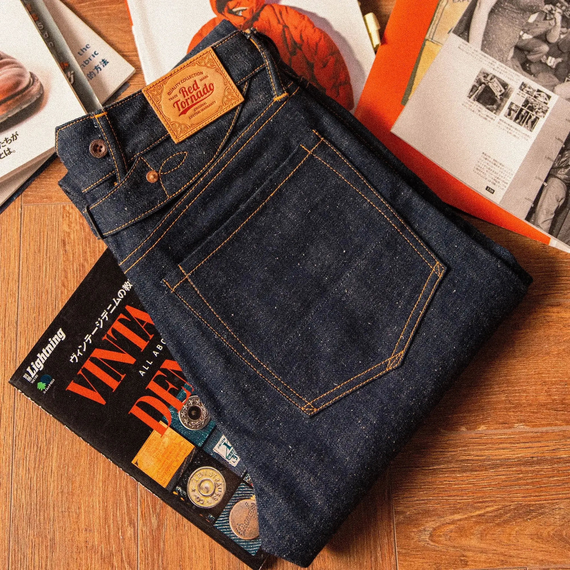 2000T-0002 Read Description! Red Tornado Raw Indigo Selvage Unwashed Denim Pants Unsanforized Brass Buckle Jean 14oz