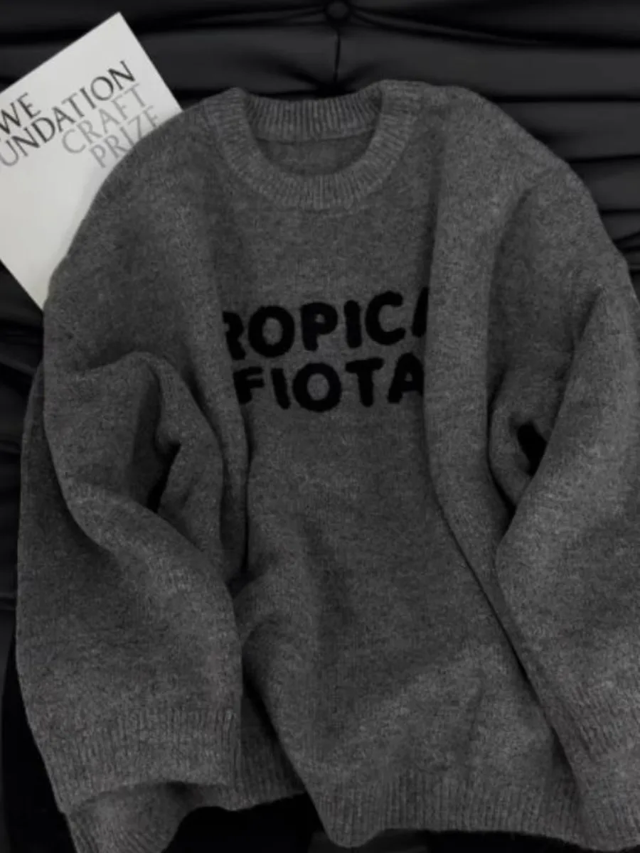 

Вязаный свитер в американском стиле ретро, женский свободный осенне-зимний круглый мягкий уютный вязаный топ, верхняя одежда Lazy Sle