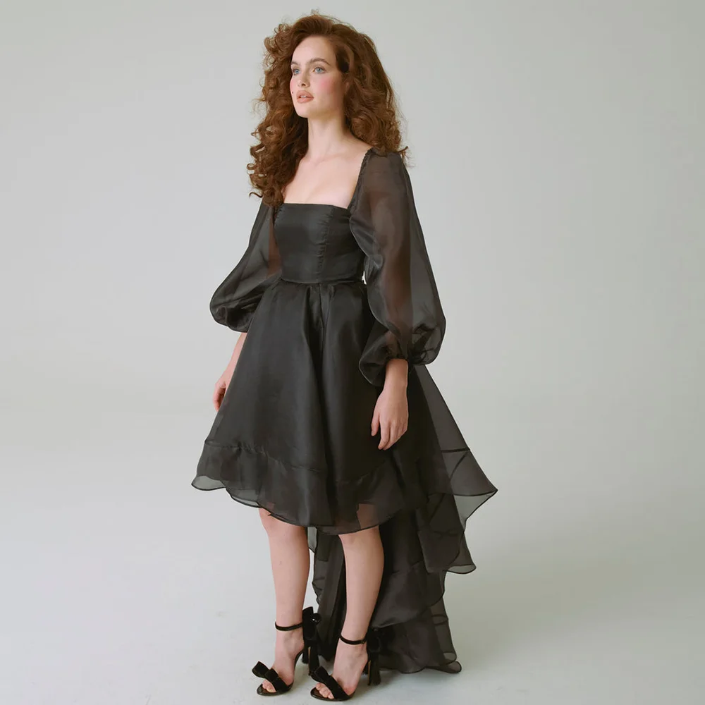 

Black Evening Dresses Lolita Square Collar Organza A-Line Hi-Lo Ball Gowns 2022 Women Simple Puff Sleeves Party Dress Custom