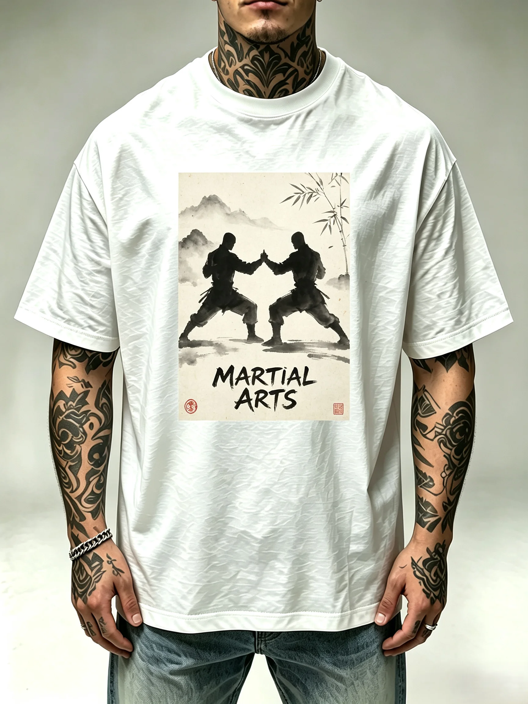 Unisex Martial Arts Chinese Ink Painting Kung Fu Warrior Silhouette T Shirt Men Women Oriental Bamboo Mountain Graphic Oversized Short Sleeve Streetwear Tops