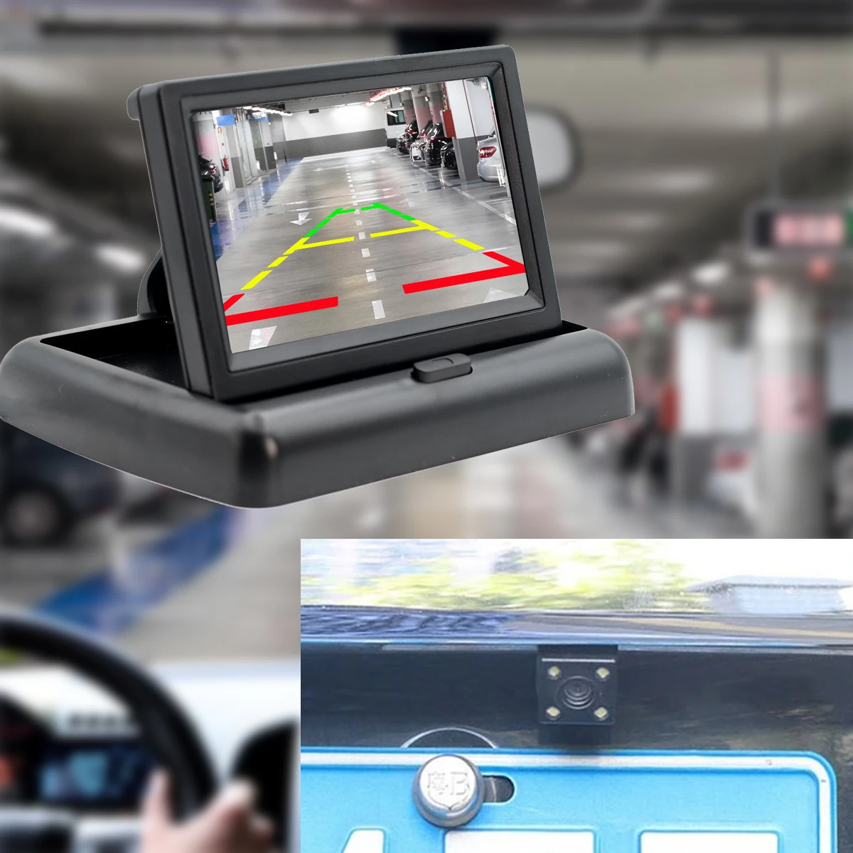 Vanxse 4.3 Polegada carro dobrável monitor veículo vista traseira reversa backup carro câmera led sistema de estacionamento vídeo fácil instalação