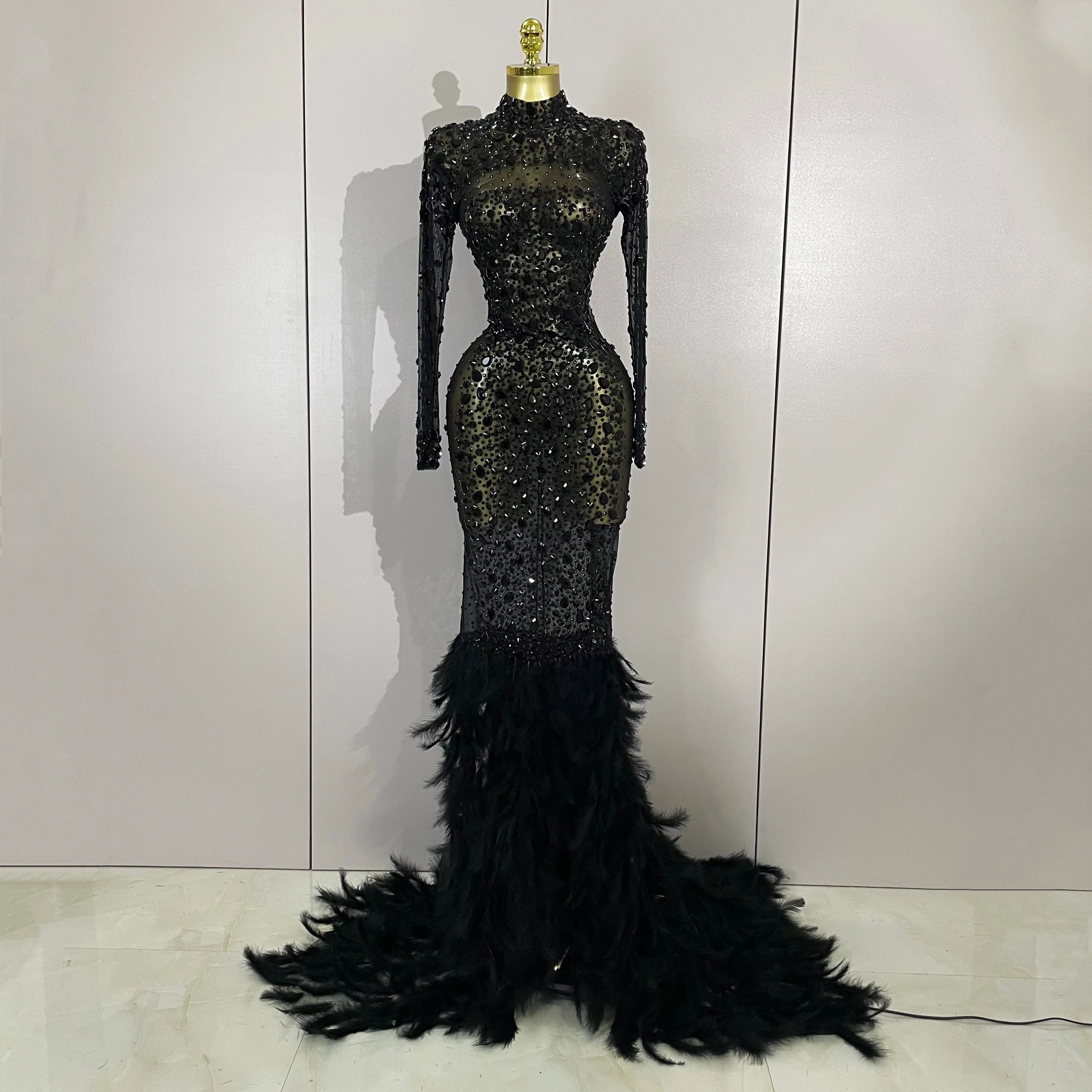 Luxury Sparkling Black Crystal Feathers Long Sleeve Sheer Maxi Dress Women Wedding Celebrate Birthday Party Prom Gown Stage Wear
