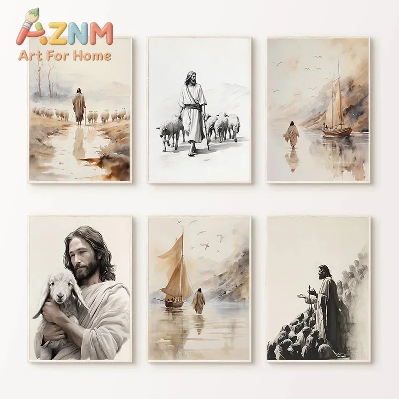 Jesus Walks on Water Christian Good Shepherd Art Poster Bible Watercolor Canvas Painting Living Room Home Decor Frameless Gifts