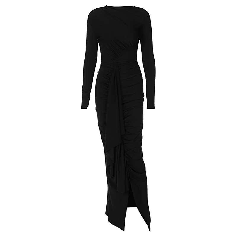 Abito lungo da donna Sexy irregolare con spacco a pieghe nero elegante abiti aderenti a sirena a maniche lunghe 2023 moda autunno inverno Robe