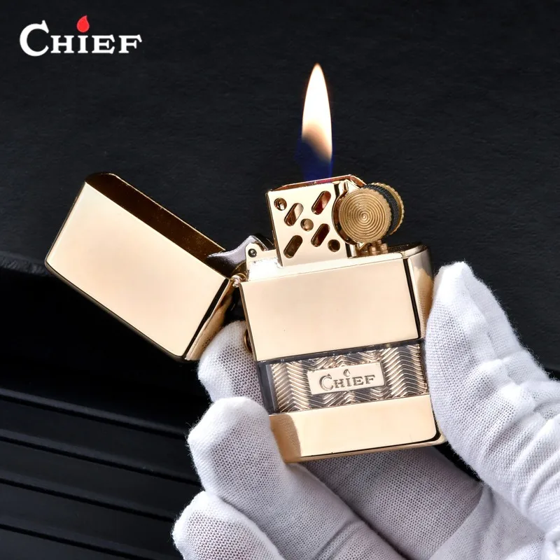 CHIEF Brass Transparent Oil Tank Windproof Kerosine Lighter Creative Oil Pump Classic Grinding Wheel Ignition Retro Lighters