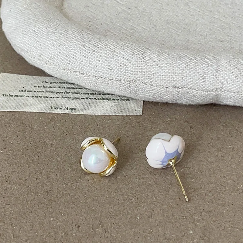 Minar Light Luxury Pink Enamel Simulated Pearl Tulip Flower Stud Earrings for Women Real Gold Plated Copper Every Day Jewelry