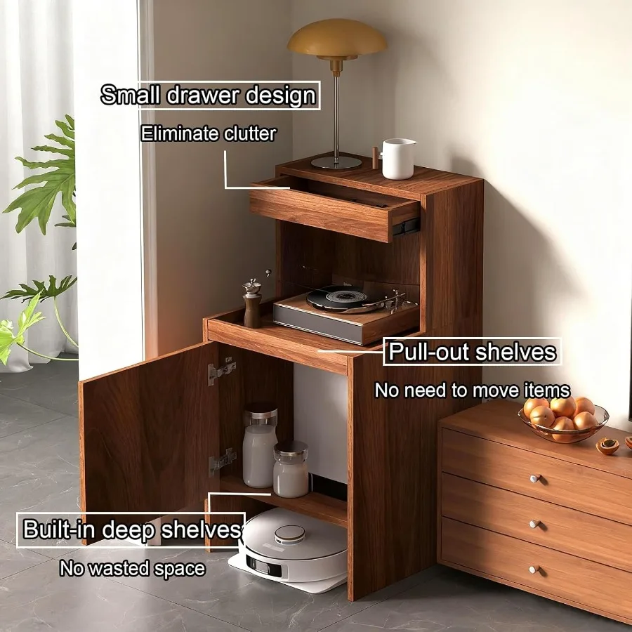 Storage Cabinet for Robot Vacuum Cleaner Hidden Storage Stand with Doors Rack with Pull-Out Top for Water Change Side Table for