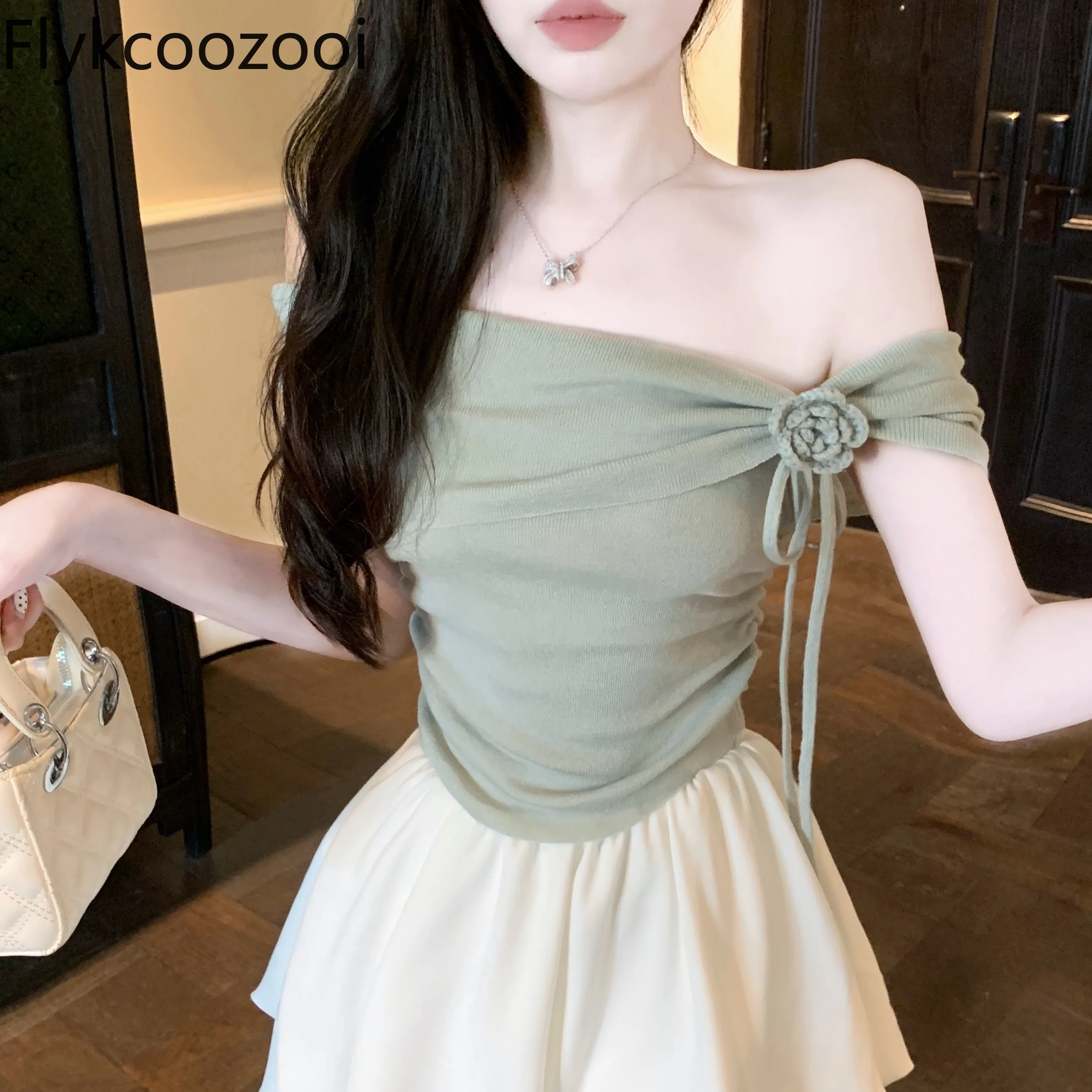 One-line Shoulder French Flower Short-sleeved T-shirt Female Summer Sweet Spice Off-the-shoulder Halter Top Chic Beauty