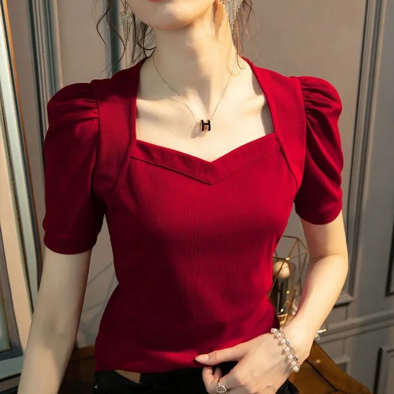 Woman\'s Clothing Spring Summer Style Basic T-Shirts Tops Lady Slim Short Puff Sleeve Square Collar Blouse Tops SS062