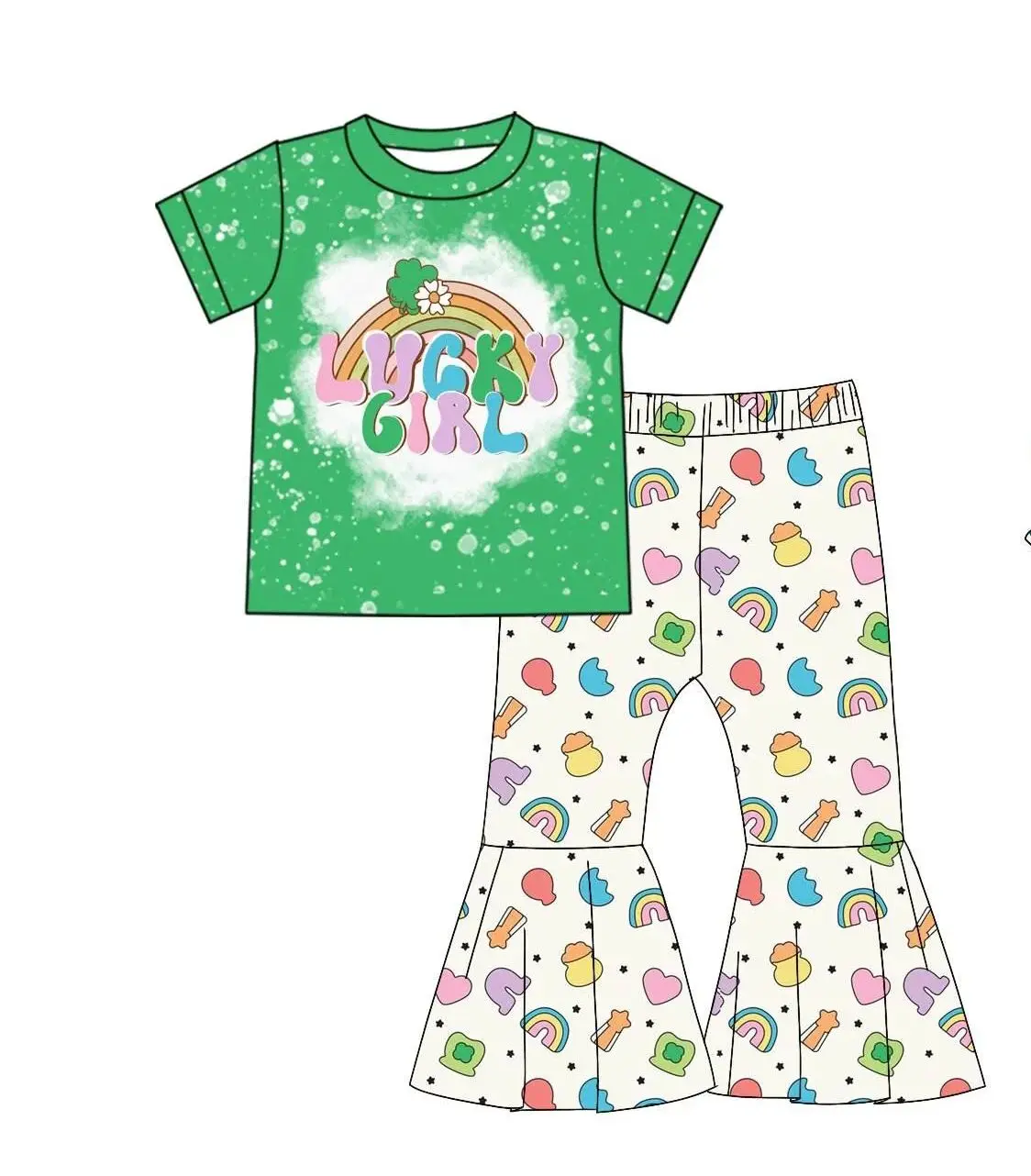 New Lucky Girl Rainbow Set Print Designs Kids Clothing Outfits Girls Ruffles Dress Bubble Romper Sibling Matches Clothes