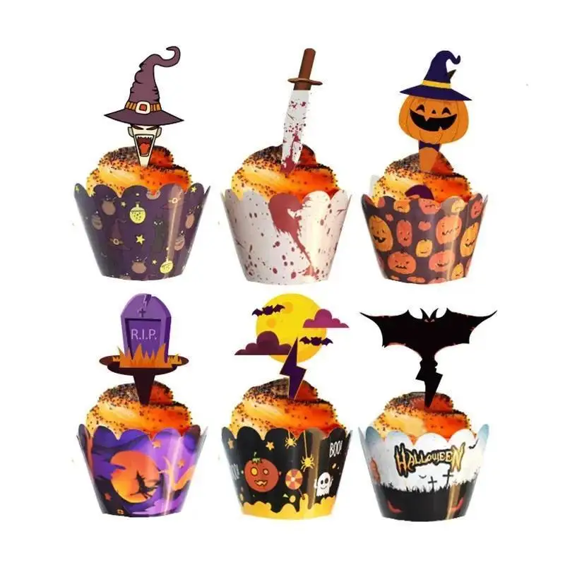 24/48Pcs Halloween Cartoon Cupcake Liners 6 Styles Ruffled Edge Paper Baking Cups Muffin Cases DIY Cake Party Table Decor