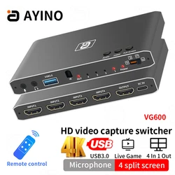 AYINO VG600 HDMI2.0 Video Capture Card USB3.0 4 In 1 Out Switcher Audio Separator Mic Recorder Game To PC With Remote Control