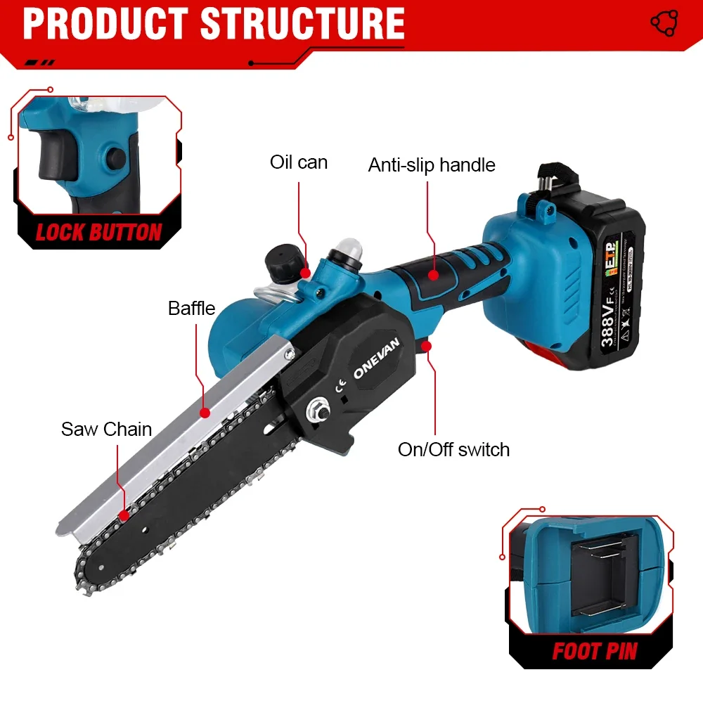 ONEVAN 3000W 6 Inch Brushless Electric Saw Electric ChainSaw Cordless Mini Woodworking One-handed Saw For Makita 18v Battery