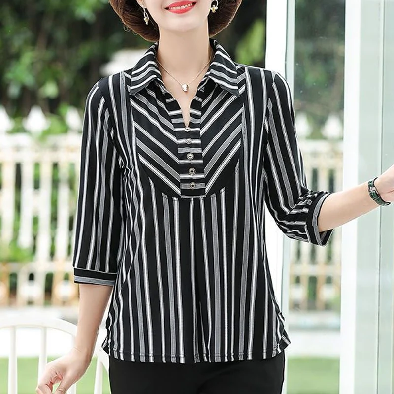 Summer New POLO Collar Fashion Three Quarter Blouse Women Elegant Casual Loose Pullovers Button Patchwork Striped Printing Tops