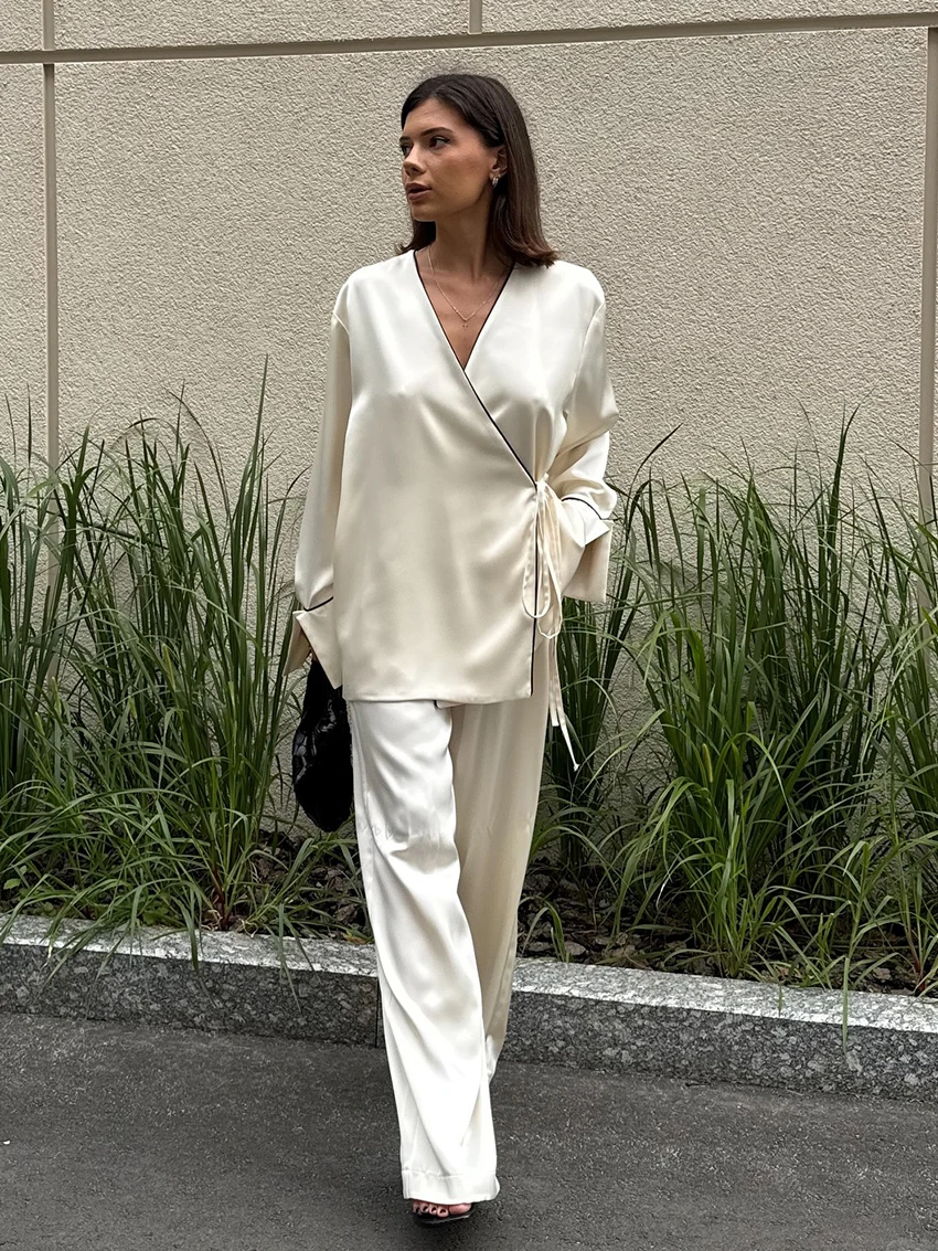 

Marthaqiqi повседневные женские ночные рубашки, сексуальный халат с v-образным вырезом и длинными рукавами, ночная рубашка на шнуровке, одежда для сна, брюки, свободный женский пижамный комплект