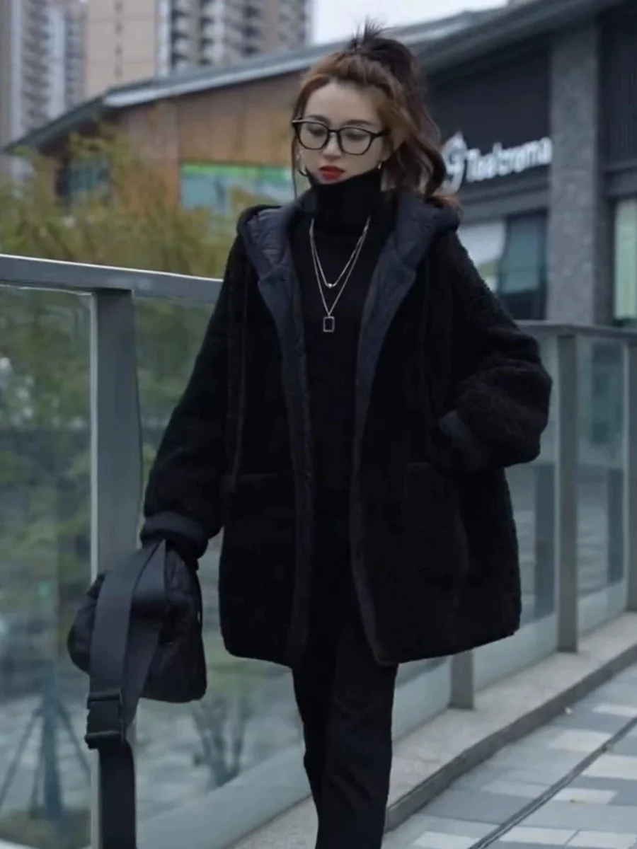 Lamb Fur Collar Thickened Long Jacket Women's Fashionable Winter Coat with Hat Particle Fleece Medium-Length Baseball Style