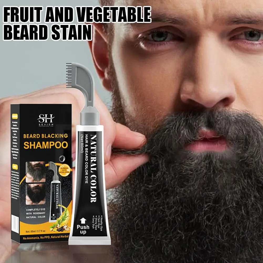 80ml Men's Mustache & Beard Dye For Gray Hair Coverage Natural Black Fruit And Vegetable Beard Stain With Brush For H3r5