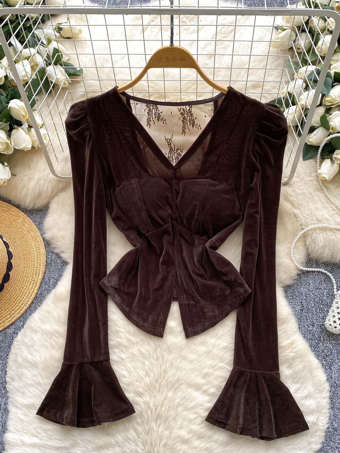 

Women Brown Lace Velvet Shirts Blouses Vintage Elegant 2000s Long Sleeve V-Neck Ladies Shirt Fashion Chic Clothes Spring Autumn