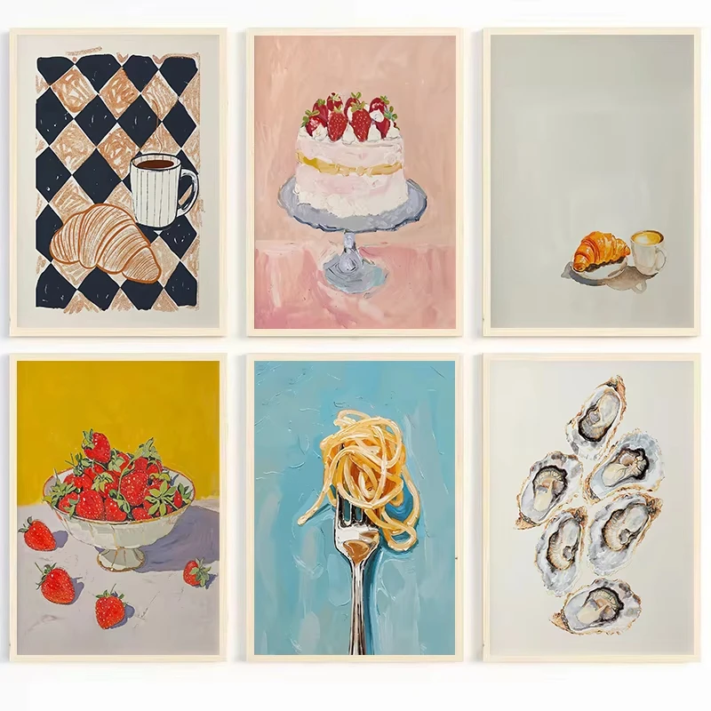 1pc frameless Canvas Painting Italian-style elegant dessert coffee canvas painting art, strawberry cake oyster spaghetti print,
