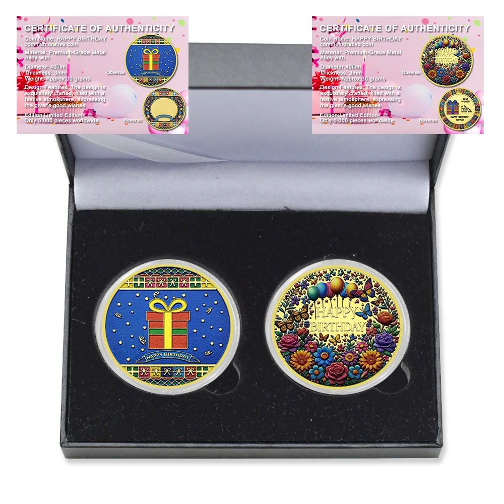 

2pc/Box Happy Birthday Commemorative Coin Metal Double Sided 3D Challenge Coin with Certificate and Gift Box Birthday Gift