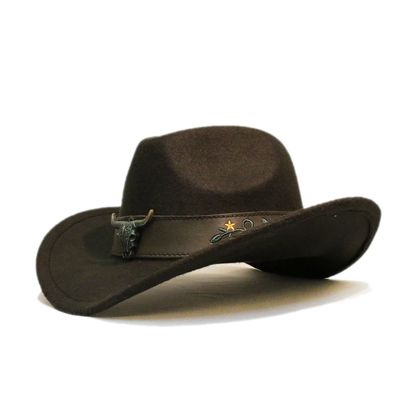 Retro Gradient Bull Head Leather Band Unisex Women Men /Kid Child Wool Wide Brim Sun Cowboy Western Hat Cowgirl Cap 54-57-61cm