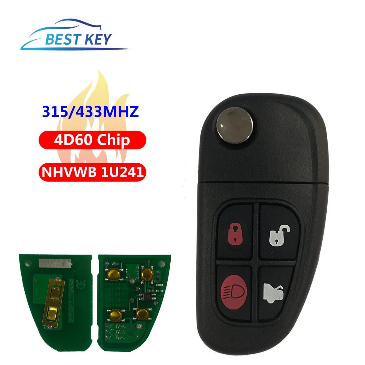 BEST KEY   315/433MHz 4 Buttons Flip Remote Control Car Key Fob Case ID60 Chip NHVWB1U241 For Jaguar X-Type CWTWB1U243