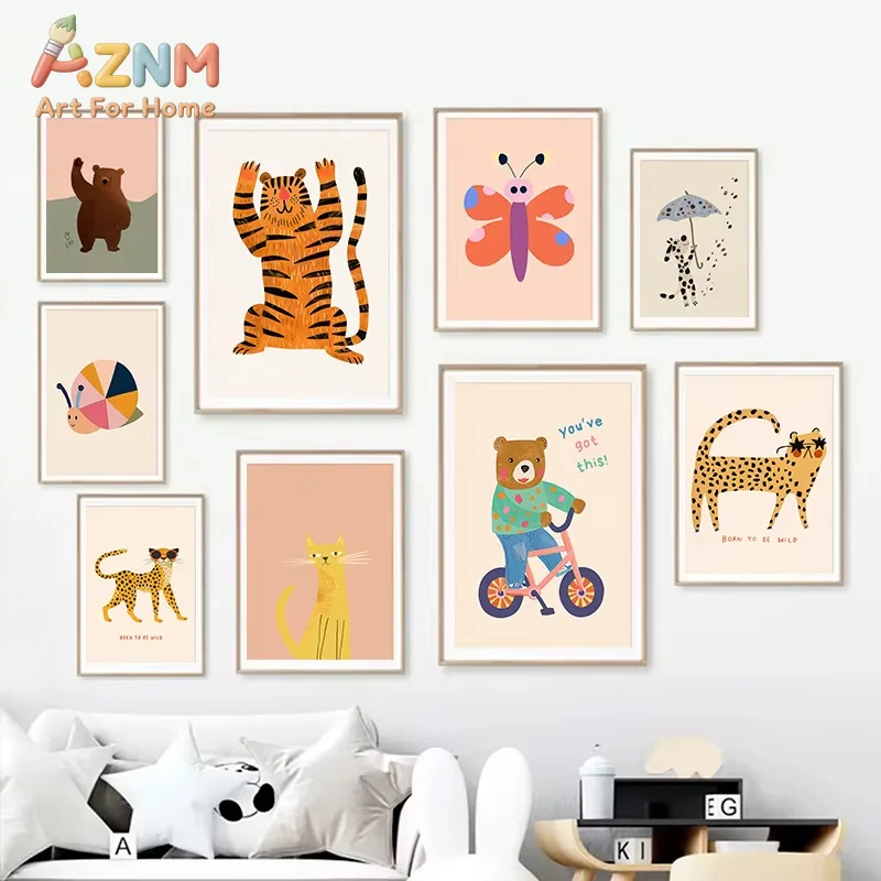 Boho Light Colour Warm Children Cartoon Wall Art Cute Animal Bear Letters Decorative Canvas Painting Living Room Bedroom Poster