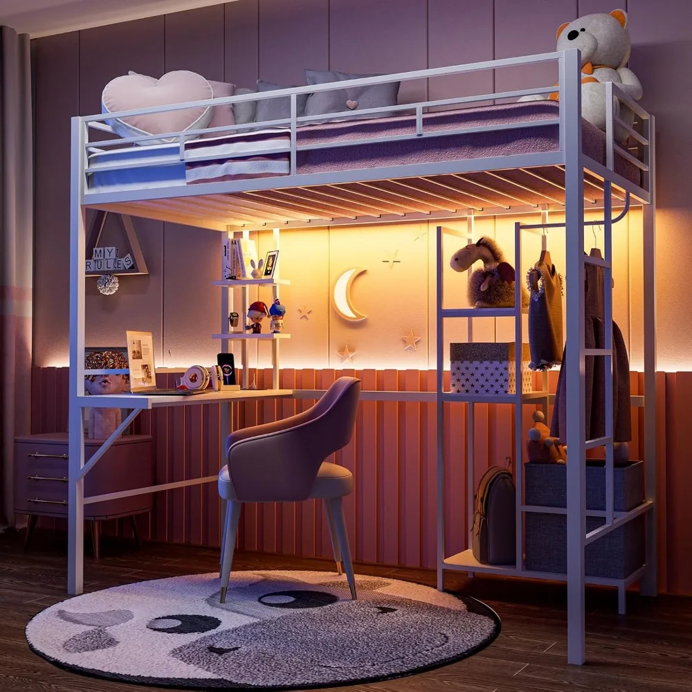 Twin Size Metal Loft Bed, Mesa e Armazenamento Prateleiras, Luzes LED e Estação de Carregamento, Guardrail e Escada, 13,4 em