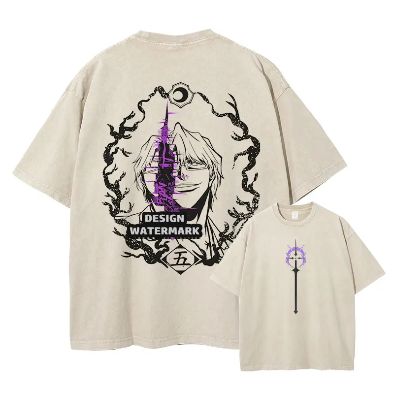 Aizen Sousuke T Shirt Anime Bleach Tank Tops Vintage Washed Tops Tees Harajuku Manga Short Sleeve Oversized T-shirt 100% Cotton