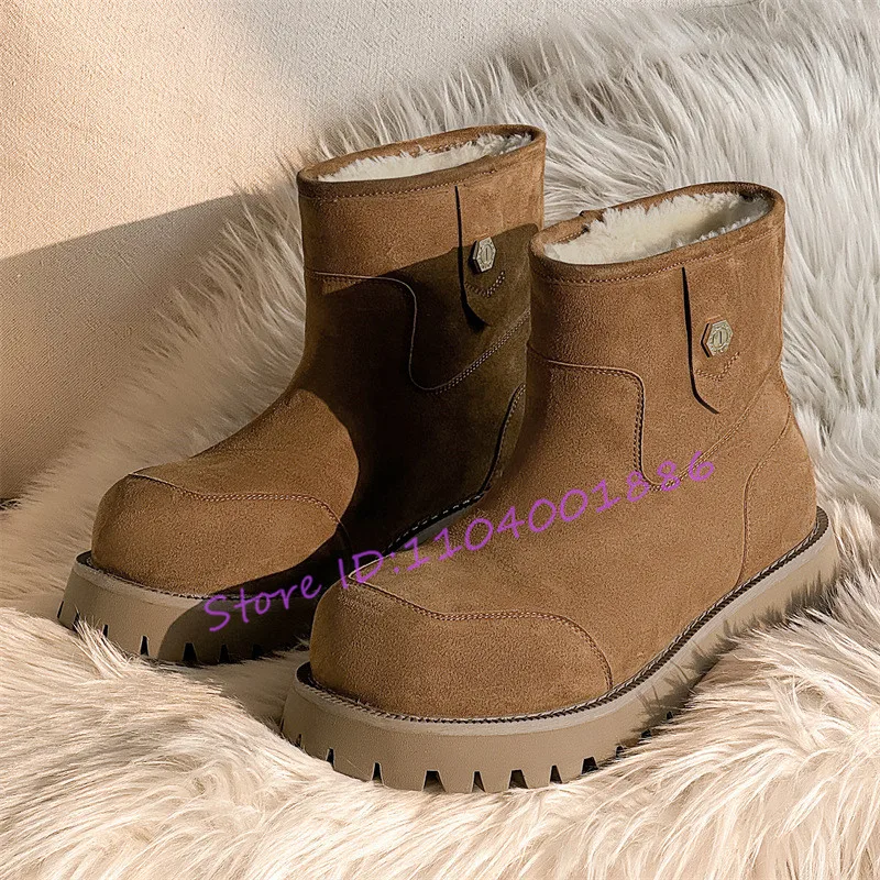 

Winter Fur Snow Boots Couple Casual Shoes British Style Thick Soled Round Toe Slip-On Chelsea Boots Outdoor Warm Women Men Boots
