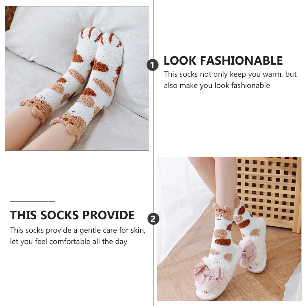

1Pair Coral Fleece Socks Soft Elastic Ankle Warm Cat Paw Style Breathable Winter Slipper Socks for Women Home Sleep