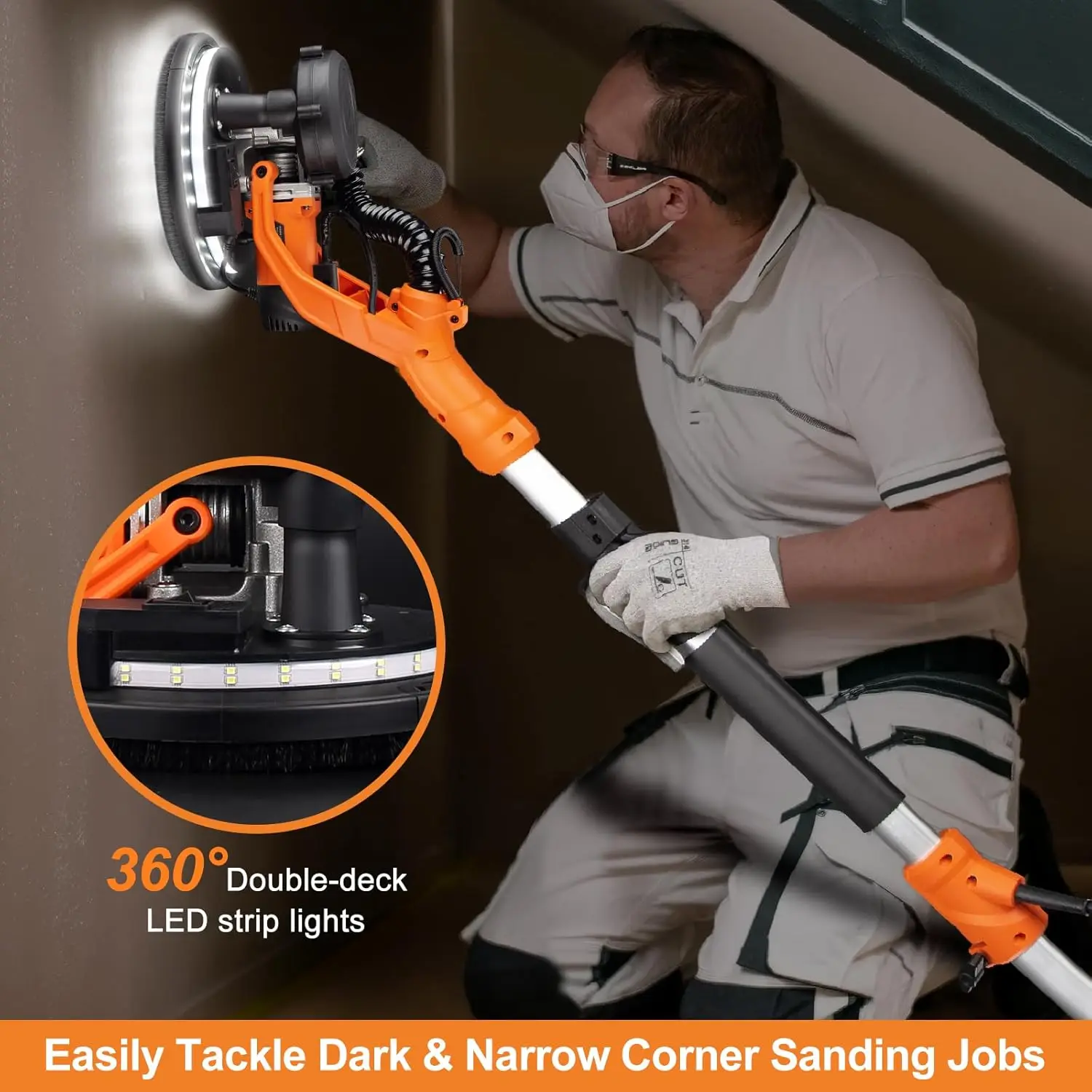 Automatic Drywall Sander LED Light Popcorn Ceiling Removal Tool 6 Variable Speed High RPM Vacuum Dust Collection 15Pcs 220V DIY